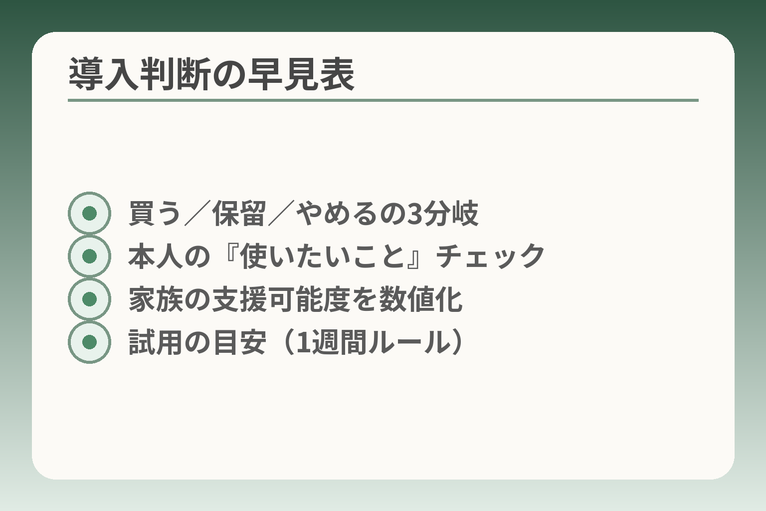 導入判断の早見表