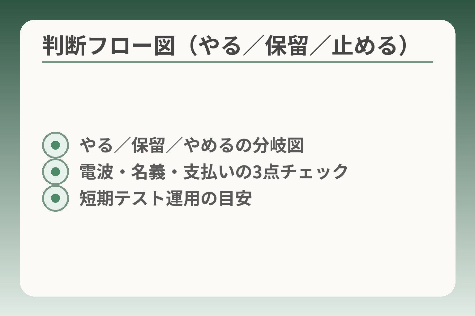 判断フロー図（やる／保留／止める）