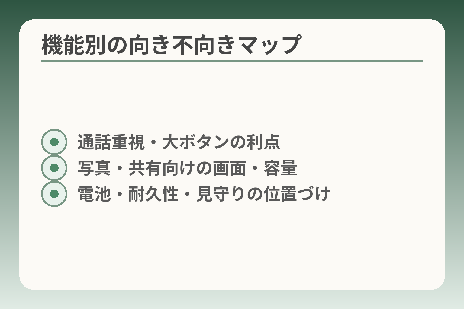 機能別の向き不向きマップ