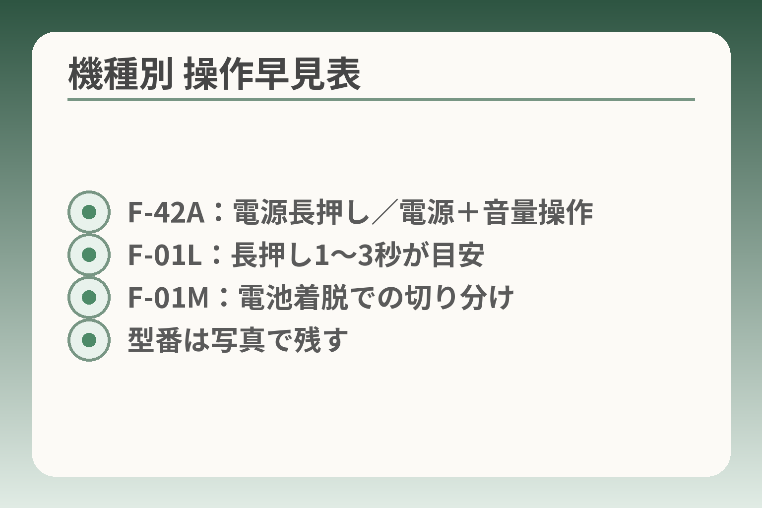 機種別 操作早見表