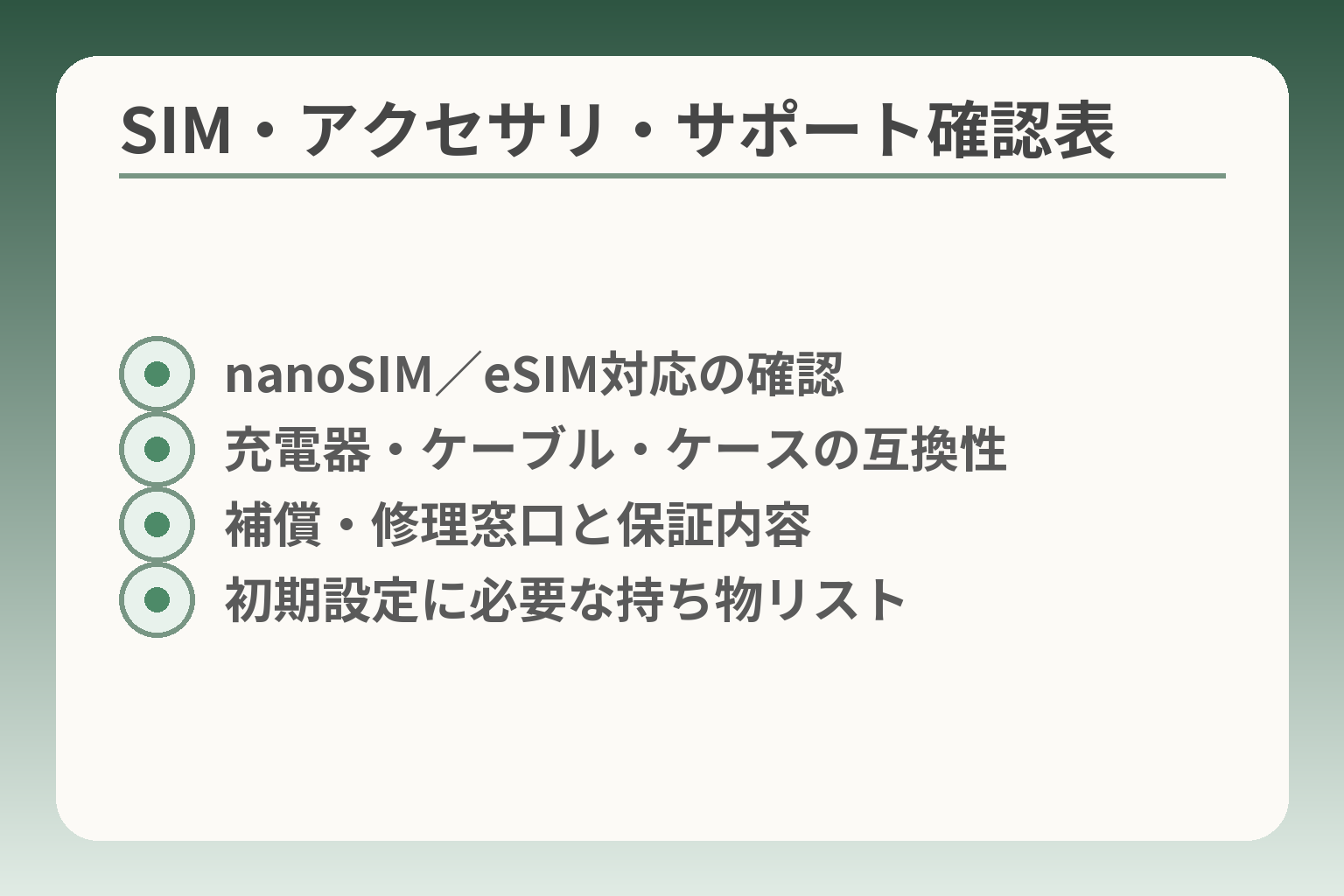 SIM・アクセサリ・サポート確認表