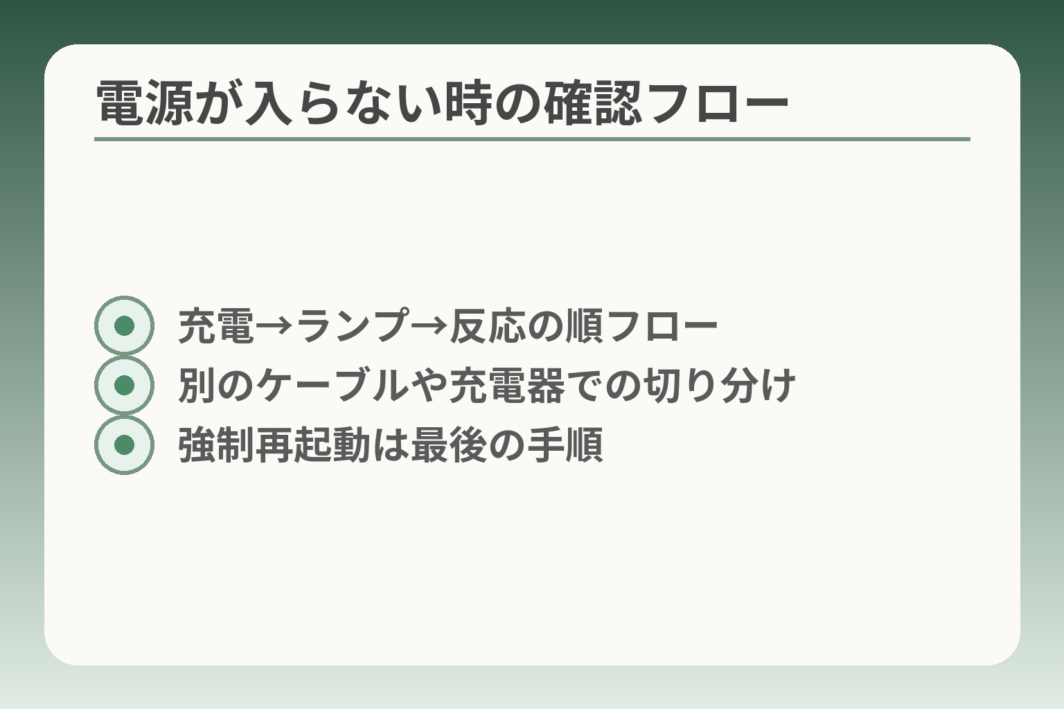 電源が入らない時の確認フロー