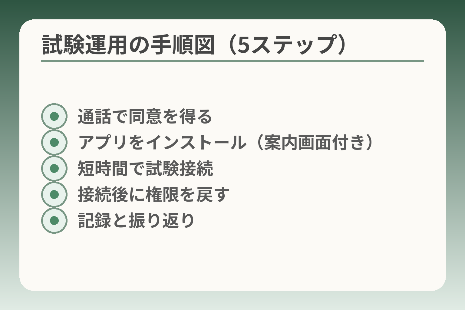 試験運用の手順図（5ステップ）