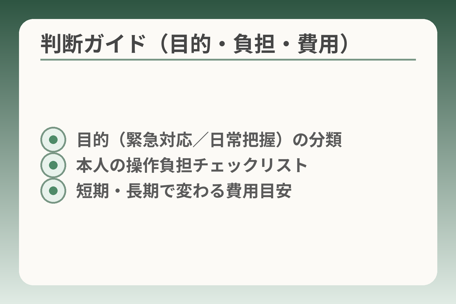 判断ガイド（目的・負担・費用）