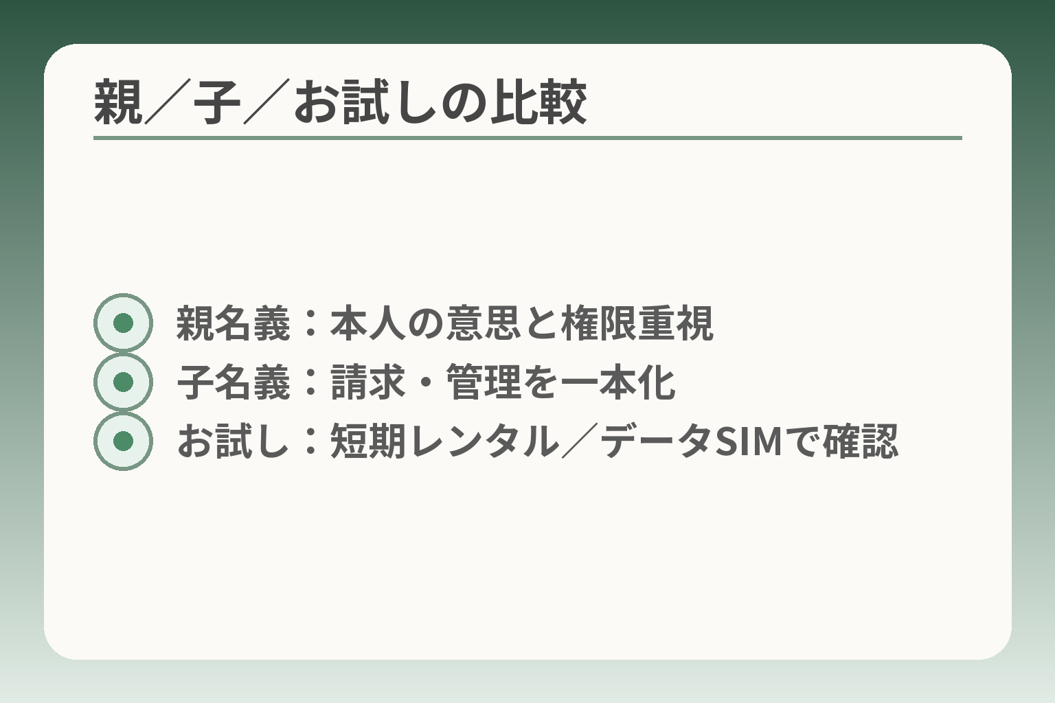 親／子／お試しの比較