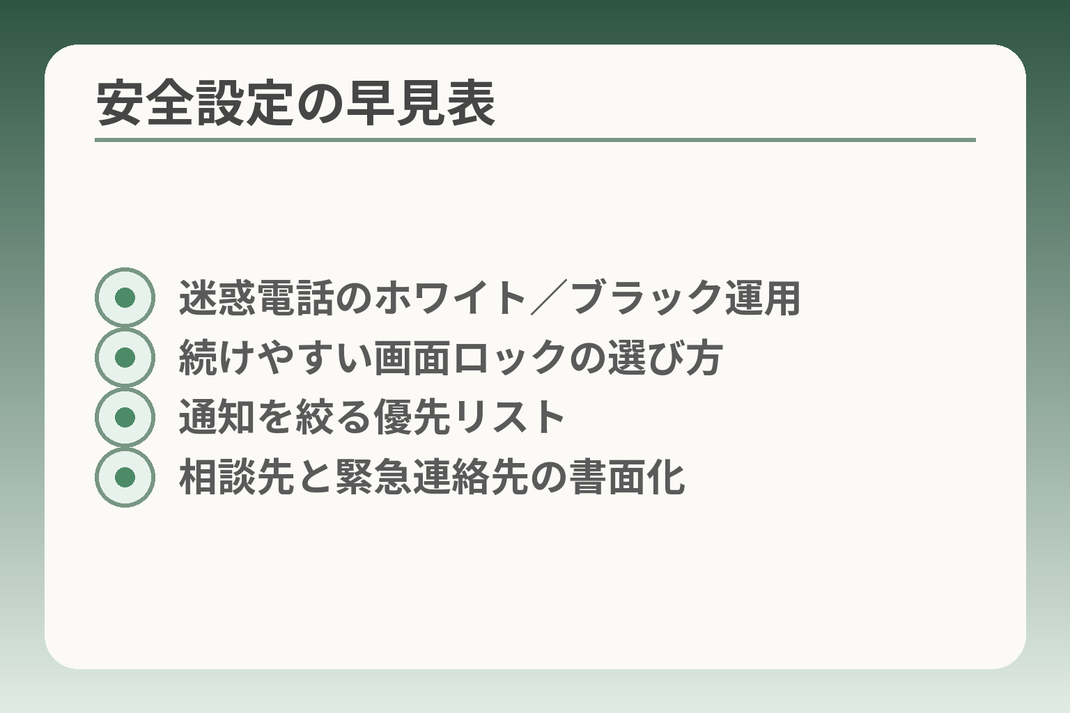 安全設定の早見表