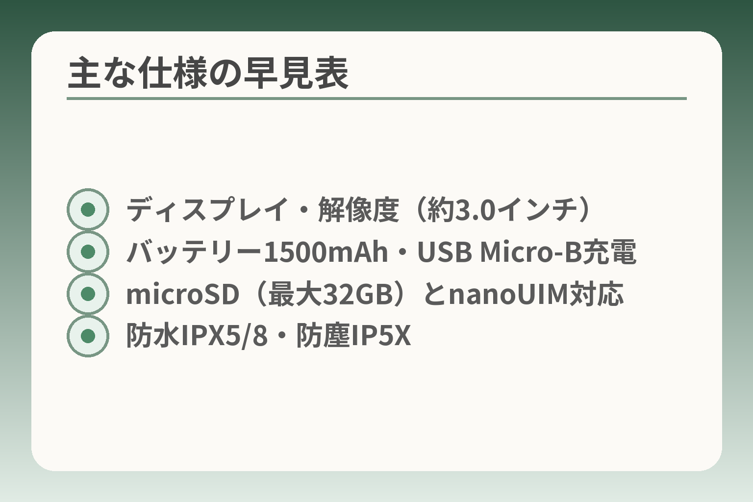 主な仕様の早見表